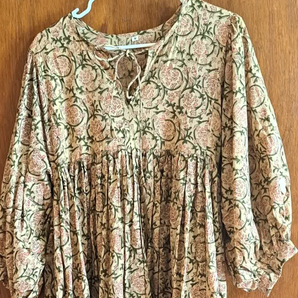 BUNDLE OF TWO M/L Block Print Indian Dresses, Bohemian, flowy and cool, pink/tan